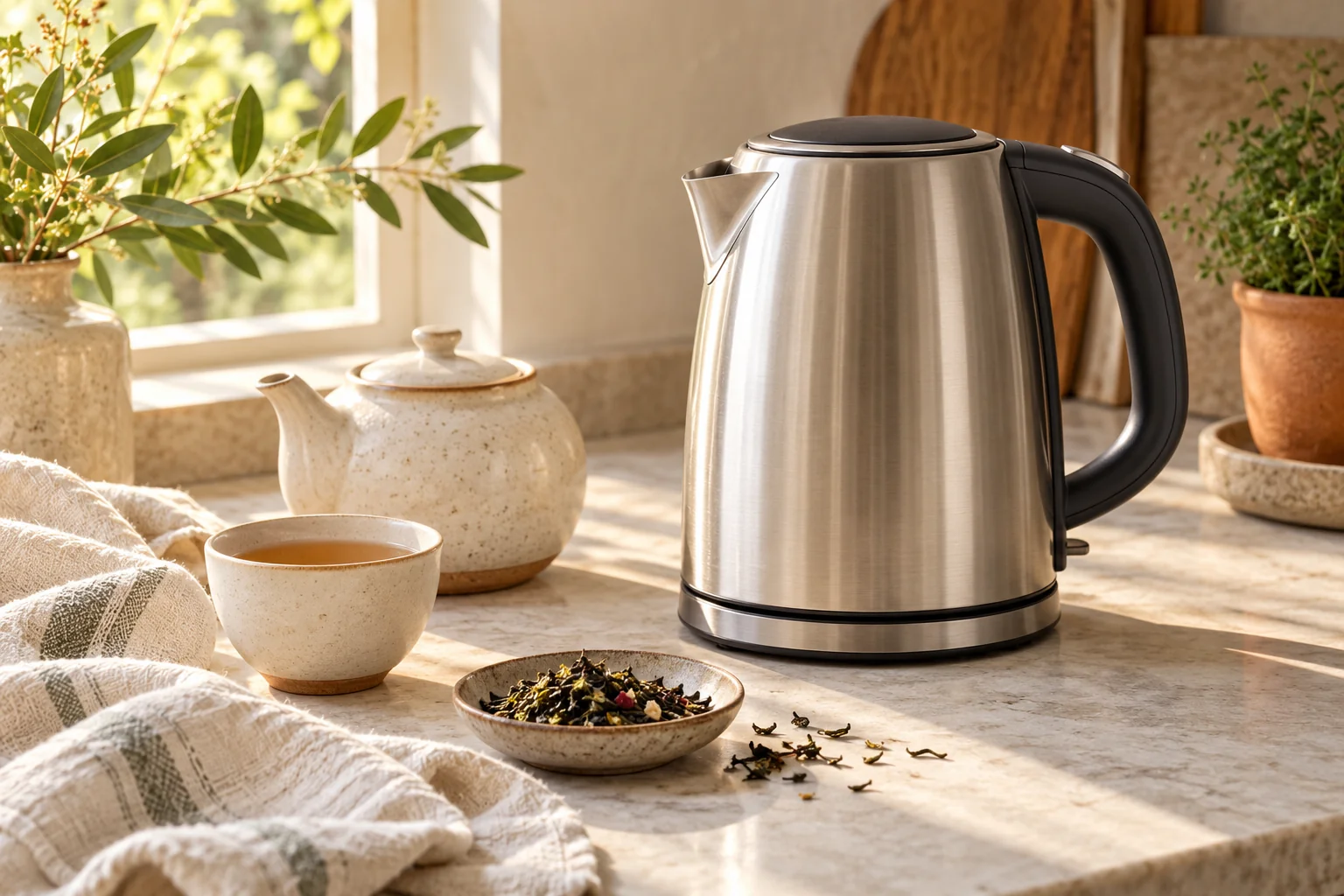 Une bouilloire électrique, une théière en céramique et une tasse dans une cuisine ensoleillée — illustration de catégorie créée par l’IA